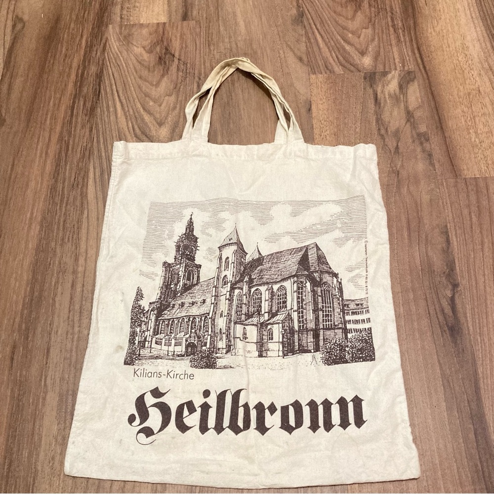 Vintage Cream Tote Bag with Brown Print